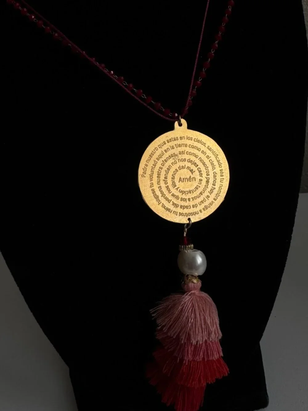 Padre Nuestro Prayer Tassel Pendant Necklace Adjustable Boho Burgundy